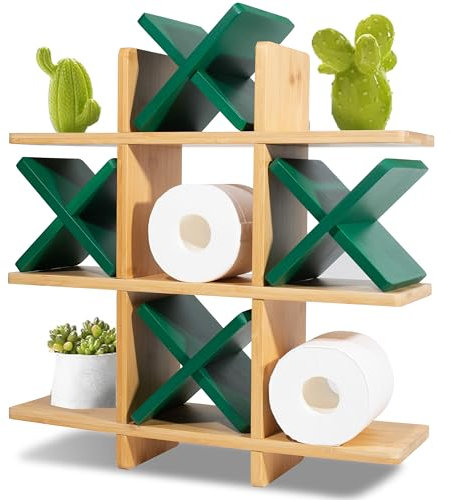 Tic Tac Toe Toilettenpapierhalter Ständer mit 4 grünen Farben, Bambusholz, X-Toilettenpapier-Aufbewahrung, Badezimmer, hängende Aufbewahrung, Wandmontage, Regale, Wanddekoration für Toilettenpapier,