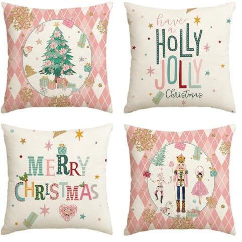 Artoid Mode Rosa Diamant Plaid Nussknacker Baum Frohe Weihnachten Kissenbezüge 4er Set, 50x50 cm Winter Zierkissenbezug Cushion Cover Couch Deko