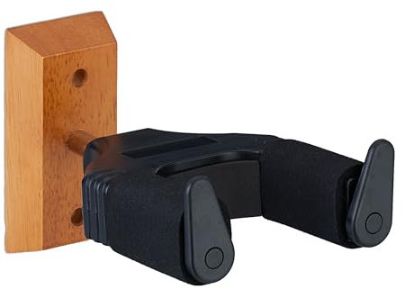 Relaxdays Gitarrenhalter für die Wand, automatischer Verschluss, Holz, Schaumstoff, Gitarrenwandhalter, schwarz/natur