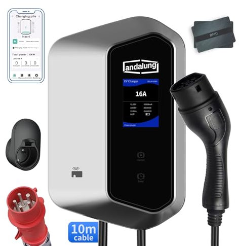 andalung EV Ladegerät 11KW Dreiphasig, 6-16A, Typ 2, WiFi & Bluetooth, 10m Kabel, IP54, CE-Zertifiziert, Für alle Elektrofahrzeuge geeignet