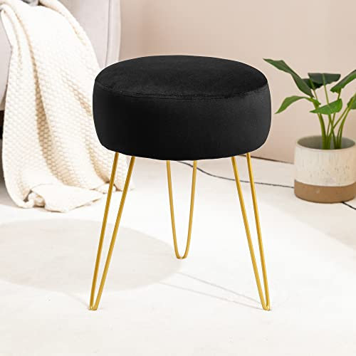 LUE BONA Samt Runde Hocker Frisiertisch Hocker,Make-up Eitelkeits Hocker,Ottomane gepolstert Hocker Metallbeine unterstützen, Schwarz