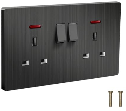 Plug Sockets Double Switched, EINNO Wall Electrical Outlets with Power Indictor,13 Amp,Brushed Black (Double Socket)