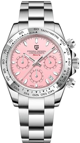 Pagani Design Herrenuhr Saphirglas Chronograph Edelstahl Wasserdicht Leuchtende Uhr Japanisches Uhrwerk Herren Quarzuhr Uhr für Männer (Rosa)