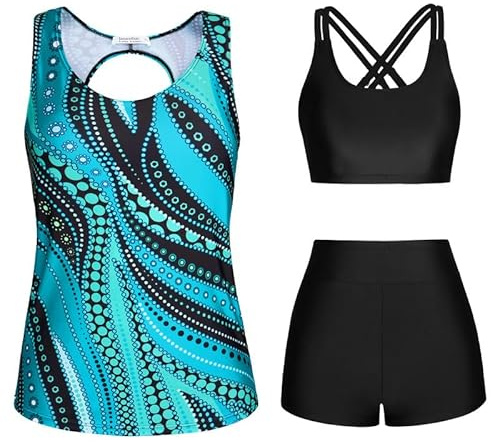 JASAMBAC Tankini da donna in 3 pezzi, bikini push up e pantaloncini da bagno a vita alta, costume da bagno semplice, costume da bagno sportivo da donna, costume da bagno per piscina, spiaggia