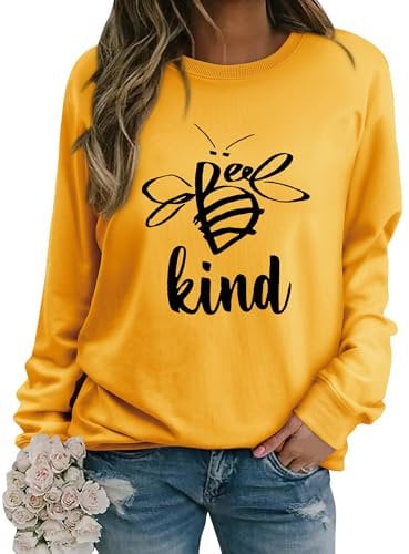 WIEIYM Women's Sweatshirts Be Kind Sweatshirt Cute Bee Graphic Crewneck Sweatshirt Funny Long Sleeve Tops Basic Pullover for Spring Autumn Winter Yellow