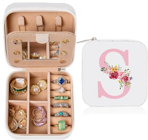 Initiale Schmuckkästchen Mädchen Damen, Personalisierte Geschenk für Frauen, Kleine Schmuckkästchen mit Namen Reise Schmuckkästchen mit Spiegel, Geschenk für Geburtstag Muttertag Hochzeit Weihnachten