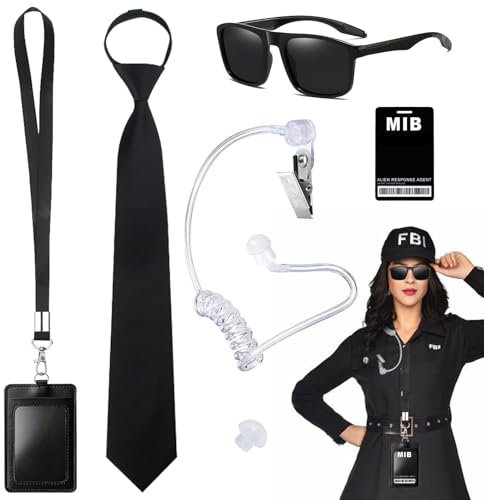 HTTDSLF 6 Stück Agent Kostüm Zubehör, Agent Accessories Set Spion Spielzeug Geheimdienst Kostüm Zubehör Chauffeur Cosplay mit Sonnenbrille Zip Krawatte Hörer ID Karte, für Fasching Karneval Party