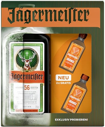 Jägermeister Geschenkset - 1 x 0,7l Premium Kräuterlikör 35% Vol. mit 2 x 0,02l Jägermeister Orange Shots - Exklusives Probierpaket
