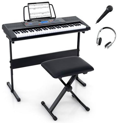 GOPLUS Keyboard mit 61 Tasten, elektrisches Digitalpiano mit klappbarer Bank, verstellbarem Ständer, 2 integrierten Lautsprechern, Mikrofon, Kopfhörer & Unterrichtsmodi für Anfänger (300 Töne)