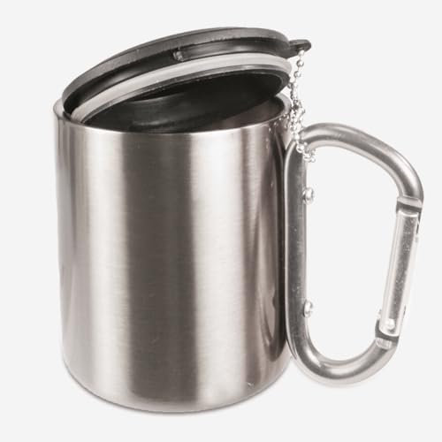 Edelstahlbecher mit Karabinerhaken und Deckel | Camping Geschirr | Thermotasse | Isolierbecher | Die Tasse | Kaffee | Becher zum umhängen