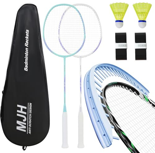MANJHONG Badminton Set mit 2 Federball Schläger - Graphit Schaft & Kratzfestes Rahmendesign - Incl. Bälle, Griffband & Tasche (Cyan+Weiß)