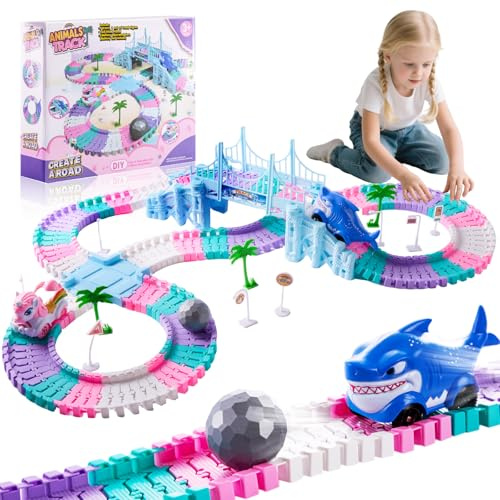 DIY Rennbahn Spielzeug Einhorn – Flexibles Auto Rennstrecke Set für Kinder, 194 Teile, Kreatives Bauset, Autorennbahn Spielzeug, Biegsame Rennstrecke, Geschenk für Jungen & Mädchen