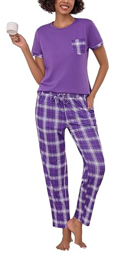 Litherday Women's Pyjamas Set Short Sleeve Cotton Pjs Loungewear Soft Nightwear Sleepwear Set with Pockets Purple