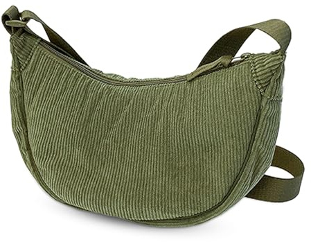 Halbmond Tasche Damen Cord Crossbody Bag Half Moonbag Cordtaschen Halbmond Umhängetasche Cross Handtasche Schultertasche Halbmond Moon Bag mit Verstellbarem Gurt Halfmoon Bag Olivgrün für Damen