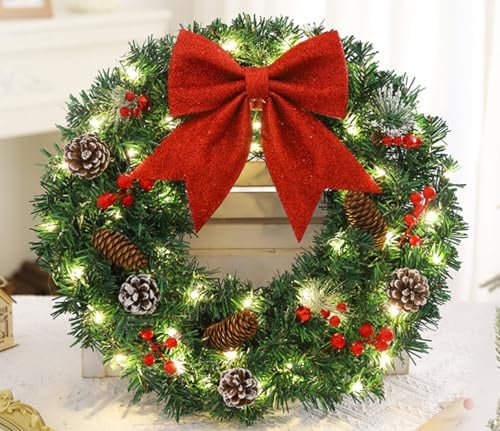 Ghirlanda di Natale Fuori Porta con Fiocco Glitterato Casa Natalizie Decorazioni per Interno e Esterno (40CM con luce)