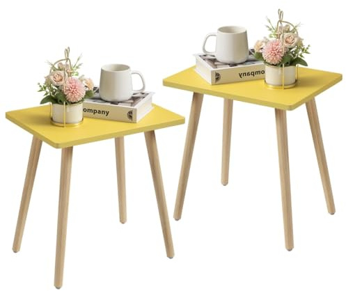 FORAOFUR Kleiner Beistelltisch Set, einfache Montage, Tisch Klein für Wohnzimmer, Schlafzimmer, Balkon, Büro, Höhe 42 cm, Beistelltisch weiß, mini Tisch, Nachttisch, Gelb