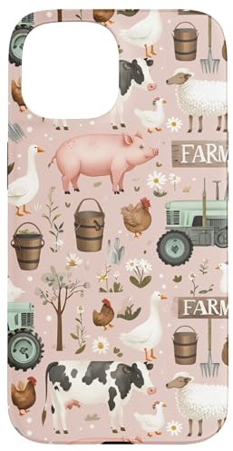 Bauernhoftiere Kühe Schweine Enten Schafe Hühner Traktoren auf rosa Hülle für iPhone 15