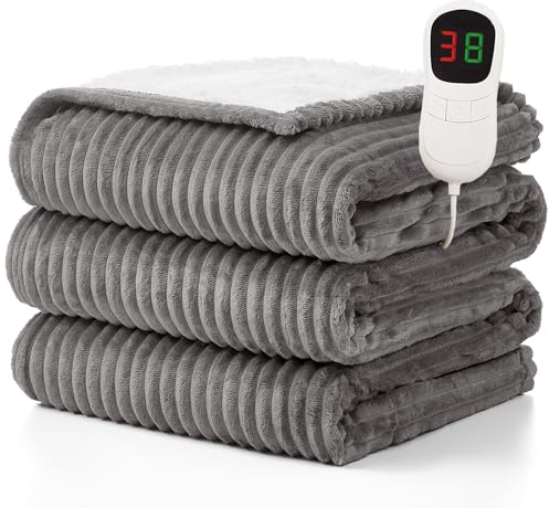 Homemate Electric Blanket Heated Throw - 130x160cm, 1/2/4/6/8 Hours Auto-Off 10 Heat Levels Over-Heat Protection Soft Flannel Sherpa Washable Blanket Grey