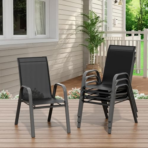 Acekool Gartenstühle 4er Set – Stapelbare Textilene Gartenstühle aus Metall, Outdoor Stühle Set wetterfest & rostbeständig, Terrassenstühle 4er Set für Garten, Balkon & Terrasse (Schwarz)
