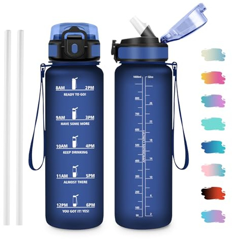 JAPORIA Botella Agua 1L, Botella con Pajita, Cantimplora Motivacional, Botellas con Marca de Tiempo sin BPA para Gimnasio, Oficina, Escuela, Sport
