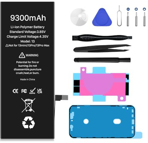 Battery for iPhone 13, 9300mAh New Upgrade High Capacity Battery Replacement for iPhone 13, A2482, A2631, A2634, A2635, A2633 with Repair Tool Kit