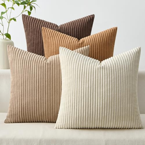 Woaboy 4er Set Kissenbezug 40x40 Kordsamt Weiche Sofakissen Braun | Kissenbezüge Weiche Gestreiftes Sofakissen Dekokissen Zierkissenbezug für Wohnzimmer Bett Couch