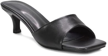 ESSEX GLAM Women's Kitten Heel Sandals Ladies Black Synthetic Leather Slip On Heeled Mule Square Toe Shoes Size 6