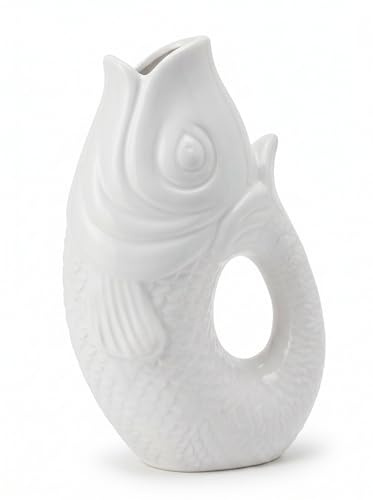 WESTCRAFT Fischvase aus Keramik, 4 Pastell Farben, 9 bis 22 cm, Koi Karpfenform, Blumenvase für stilvolles Wohnen, für dekorative Tischdekoration zuhause - handgefertigt (Weiß (H 22cm, Gross))