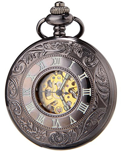 SEWOR Skeleton Mens analoge automatische mechanische Taschenuhr mit Edelstahlkette SEW135 (Black)