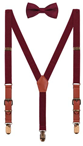 WANYING Kinder Baby Kleinkind Jungen Mädchen Hosenträger Fliege Set für 1-8 Jahres alt Vintage Stil 2cm Breite 3 Clips Y Form Hosenträger - Bordeaux Rot