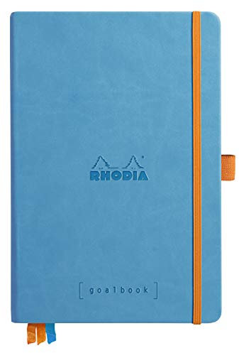 RHODIA 118777C - Turquoise Bullet Journal Goalbook Rigid Notebook - A5 - Dotted Dot - 240 Pages - 90g Ivory Clairefontaine Paper - 3 Ribbons, Elastic Closure - Faux Leather Cover