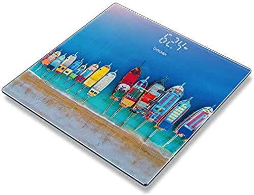 Beurer GS 215 Boats Glaswaage, digitale Personenwaage mit Magic-Display, Dot-Matrix-Anzeige, Trittfläche aus Sicherheitsglas und Tragkraft bis 180 kg