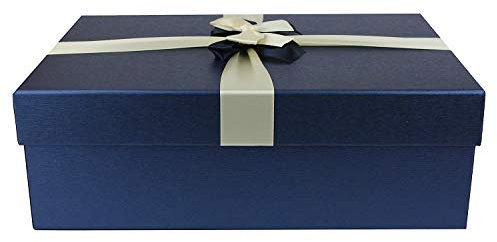 Emartbuy Starrer Luxus Rechteckige Präsentations-Geschenkbox, 27 cm x 19 cm x 7 cm,Blaue Box mit Deckel, Gedrucktes Interieur und Creme Blaues Satin-Dekoratives Band