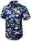 HISDERN Men Funky Hawaiian Flamingo Shirts Short Sleeve Front Pocket Holiday Summer Aloha Printed Beach Casual Navy Blue Hawaii Shirt L