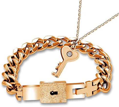 Uloveido Rose Gold Plated Lock Chain Bracelet & Key Pendant Necklace Stainless Steel Couples Jewelry Set for Women Men Y808 (Rose Gold)