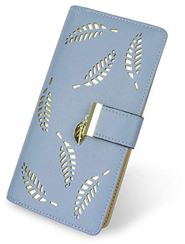 H-A Damen Geldbörse Hohl Blatt Muster Bifold Leder Lady Lange Geldbörse Geldbörse Reißverschluss Geburtstag Weihnachten Geschenke für Frauen Mädchenlau