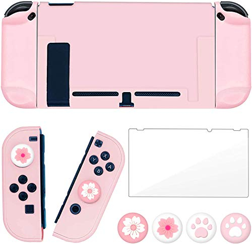 OLDZHU Custodia Rosa Compatibile con NS Switch,Cover Protettiva Ultra Sottile Rosa per Console NS e Controller Joy-con,con Protezione per Schermo in Vetro e 4 impugnature per Pollice (Rosa)