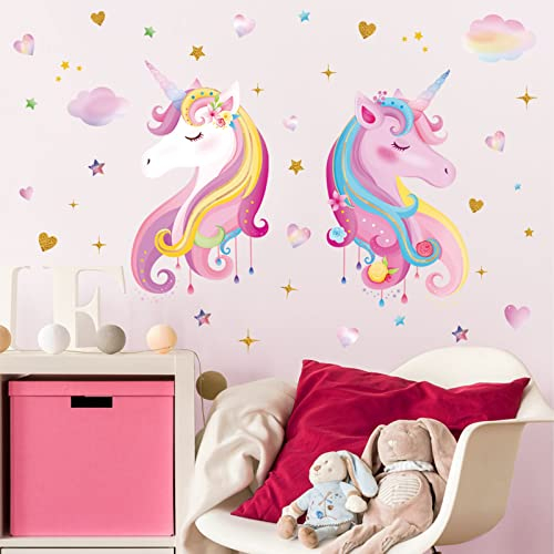 wondever Wandtattoo Einhorn Rosa Wandaufkleber Regenbogen Herze Sterne Wandsticker Wanddeko für Kinderzimmer Mädchen Babyzimmer