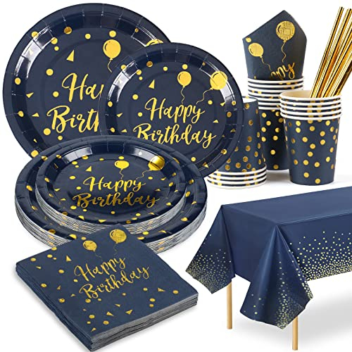 Geburstag Partygeschirr Blau und Goldene Party Teller Set Pappgeschirr Geburtstag Pappteller Pappbecher Servietten Strohhalme Tischdecke Geburstag Party Geschirr Pappgeschirr Blau für 16 Gäste