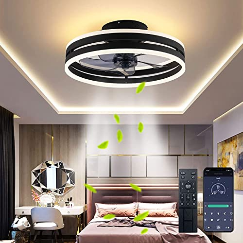 Revneey Ventilateur de plafond silencieux avec lumière 50W Dimmable Suspension avec télécommande et APP, 6 vitesses, Chambre Salon (Noir, 40cm)