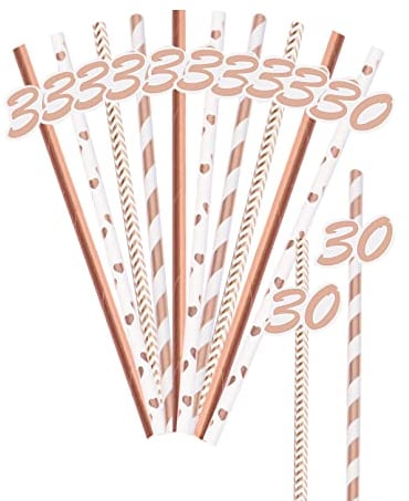 20 Pieces Birthday Straws, 30th Birthday Straws, Rose Gold Paper Straws for Birthday Party Table Decoration, 4 Styles