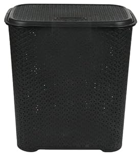JMS we create smile 45 Litre Plastic Rattan Style Small Laundry Hamper Storage Basket With Lid & Carry Out Handles - Dirty Clothes Linens Washing Laundry Basket (Black)