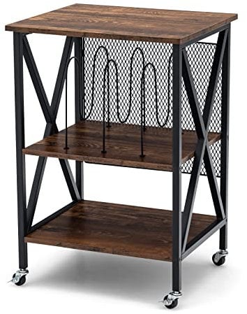 CASART Rolling End Table, 3 Tiers Wooden Record Player Stand with Wheels, X Shaped Steel Frame Sofa Side Table Narrow Classic Turntable Stand for Living Room Bedroom (without Charging Station, Brown)