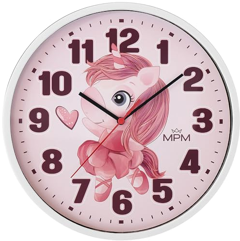 MPM Quality Design Kinder Wanduhr aus Kunststoff, Made in EU, Weiß/Lila, Motiv Einhorn, Quarz-Uhrwerk, Moderne Wanddeko, Runde Kinder Uhr, ∅ 250 x 20 mm, für Kinderzimmer, Kindergarten, die Schule