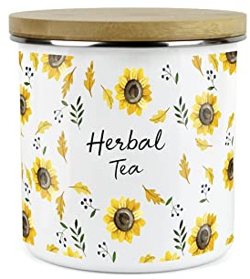 Purely Home Yellow Sunflowers Herbal Tea Storage Canister - White Metal Enamel Kitchen Food Storage Container