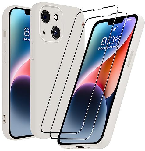 For iPhone 14 Case and Screen Protector,2Pack iPhone14 Tempered Glass With Liquid Silicone Phone Case,Full Body Protection,Anti-Scratch Microfiber Lining,Soft Slim Shockproof Cover,6.1 inch,Stone