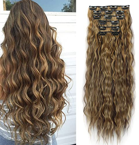 Gairyan Clip in Extensions wie Echthaar günstig Haarteile 6 Teile Set 50cm Haarverlängerung Haarteile Clip in Haare Extension Synthetische Gewellt Wellig Lang Lockig, Mittelbraun & Dunkelblond