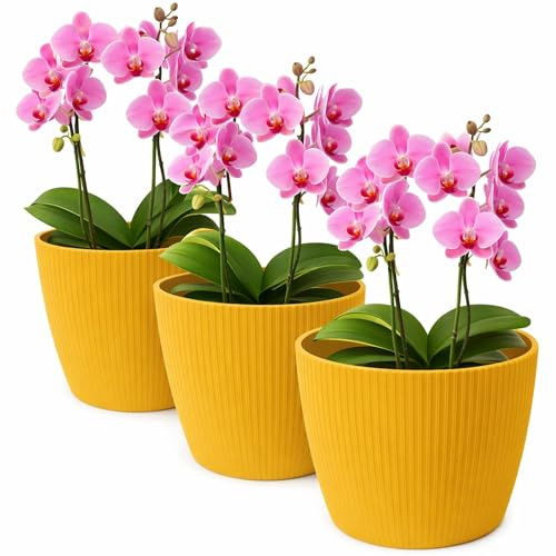 TULMERO Blumentopf matt, Pflanzkübel aus Übertopf Kunststoff Dekorativer Topf für, groß Pflanzen 3X blumenkübel Set, blumenkübel kräutertopf, (3 Pack) Senf, ø 19 cm