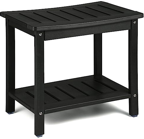 Apolimi Panca da doccia in HDPE, sgabello da spa a 2 ripiani con ripiano portaoggetti, design impermeabile e antiscivolo, nero, grande (54,9 x 35,6 x 46 cm)