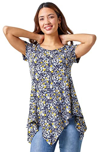 Roman Originals Women Asymmetric Top Ladies Hanky Hem Blouse Stretchy Tunic Occasion Smart Casual Summer Sprint Winter Autumn Cocktail Party Evening 3/4 Short Sleeve - Yellow - Size 18